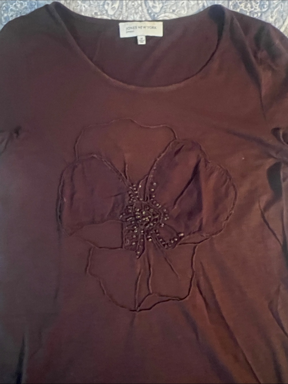 Jones New York Brown Short-Sleeve Floral Appliqué Tee